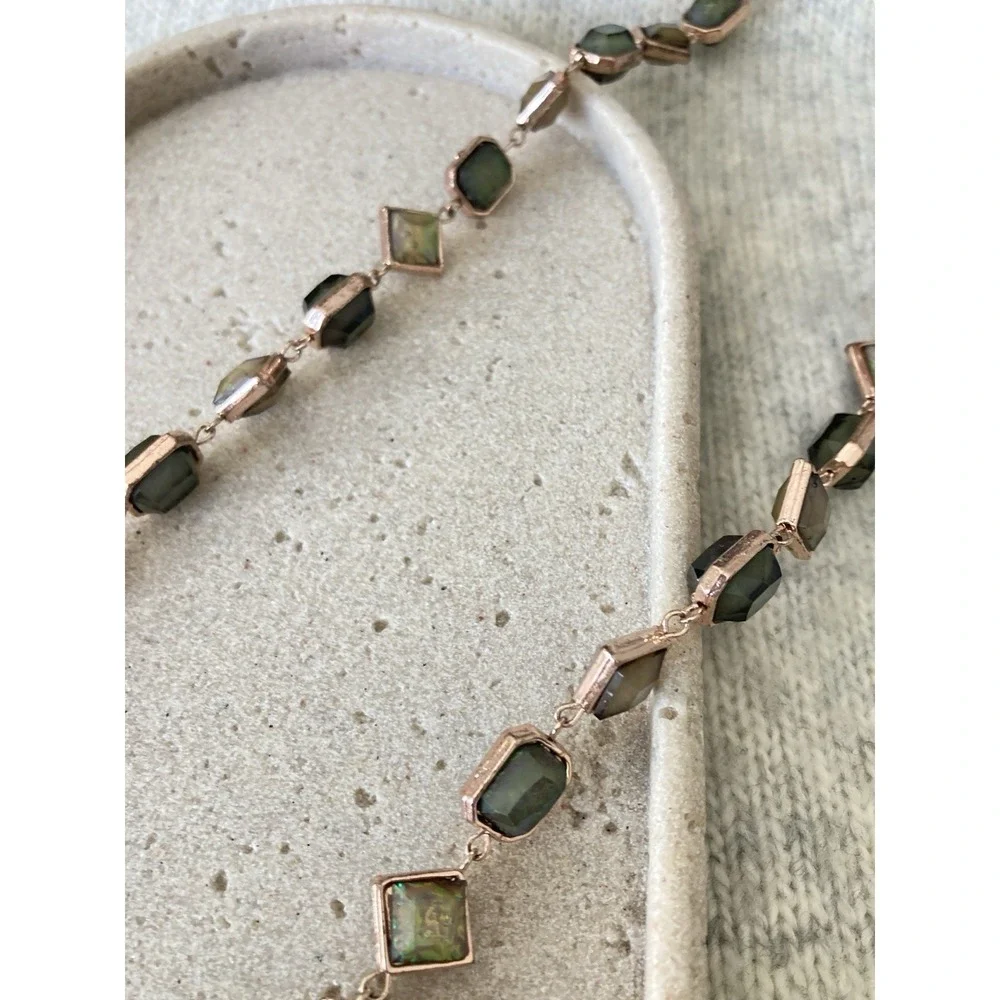 Green Aurora Glass Station Necklace Rose Gold Tone Geometric Link Long Bezel Set